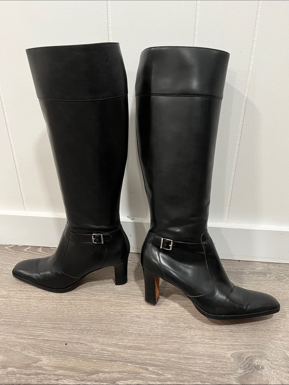 Lauren Ralph Lauren Black Leather Knee-High Heeled Boots with Ankle Buckle 8.5 B